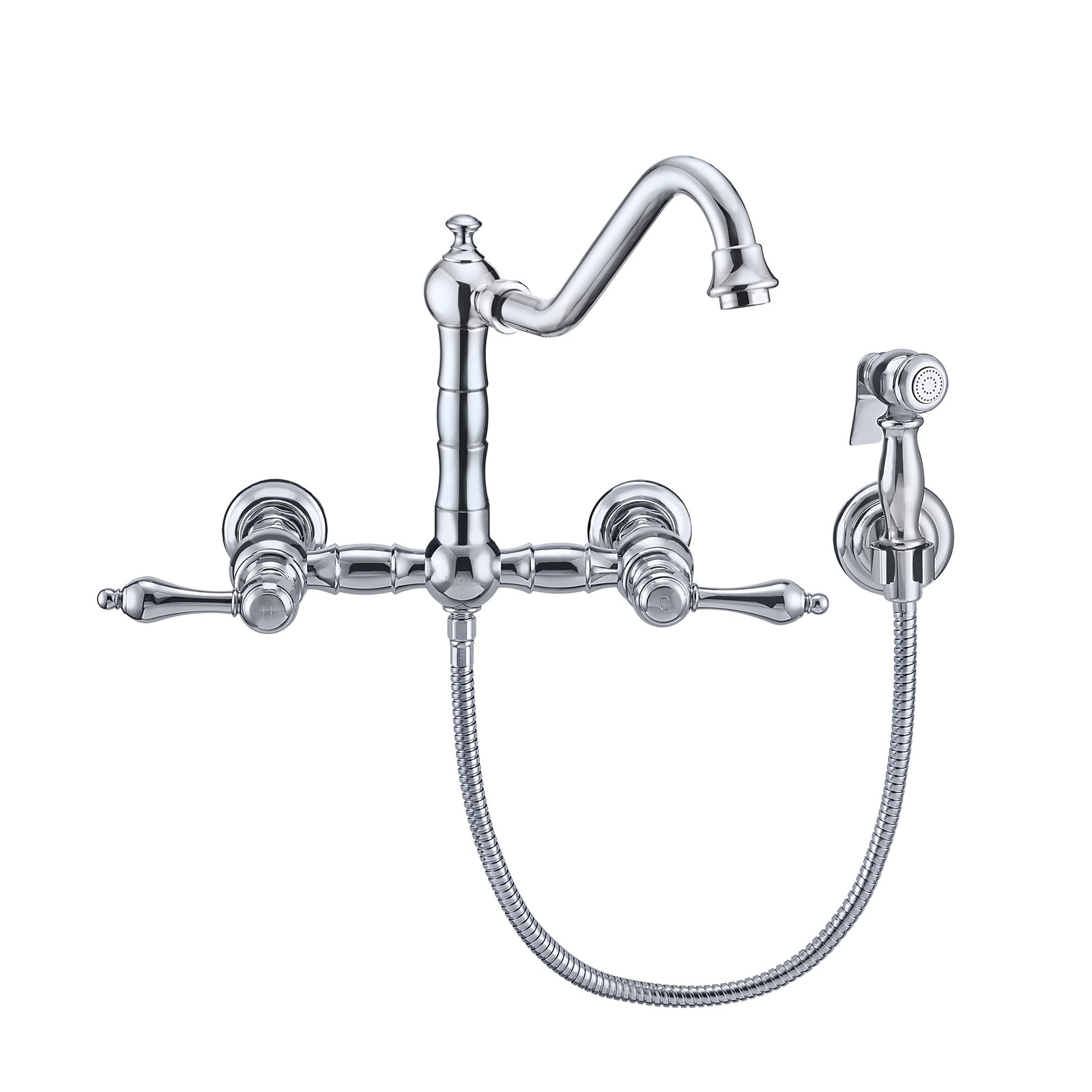 Wall Mount Faucet with a  Long Traditional Swivel Spout, Lever Handles and Solid Brass Side Spray