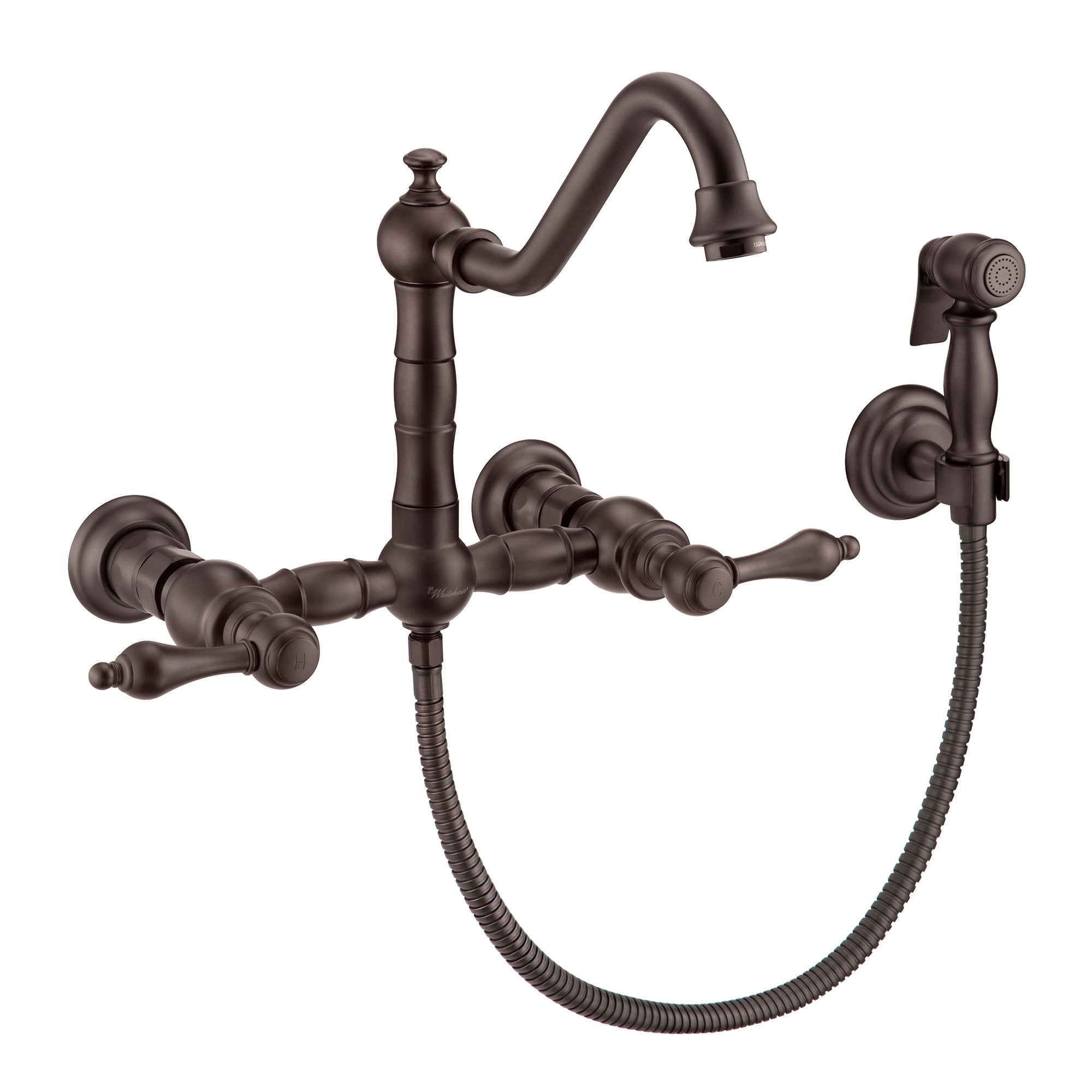 Wall Mount Faucet with a  Long Traditional Swivel Spout, Lever Handles and Solid Brass Side Spray