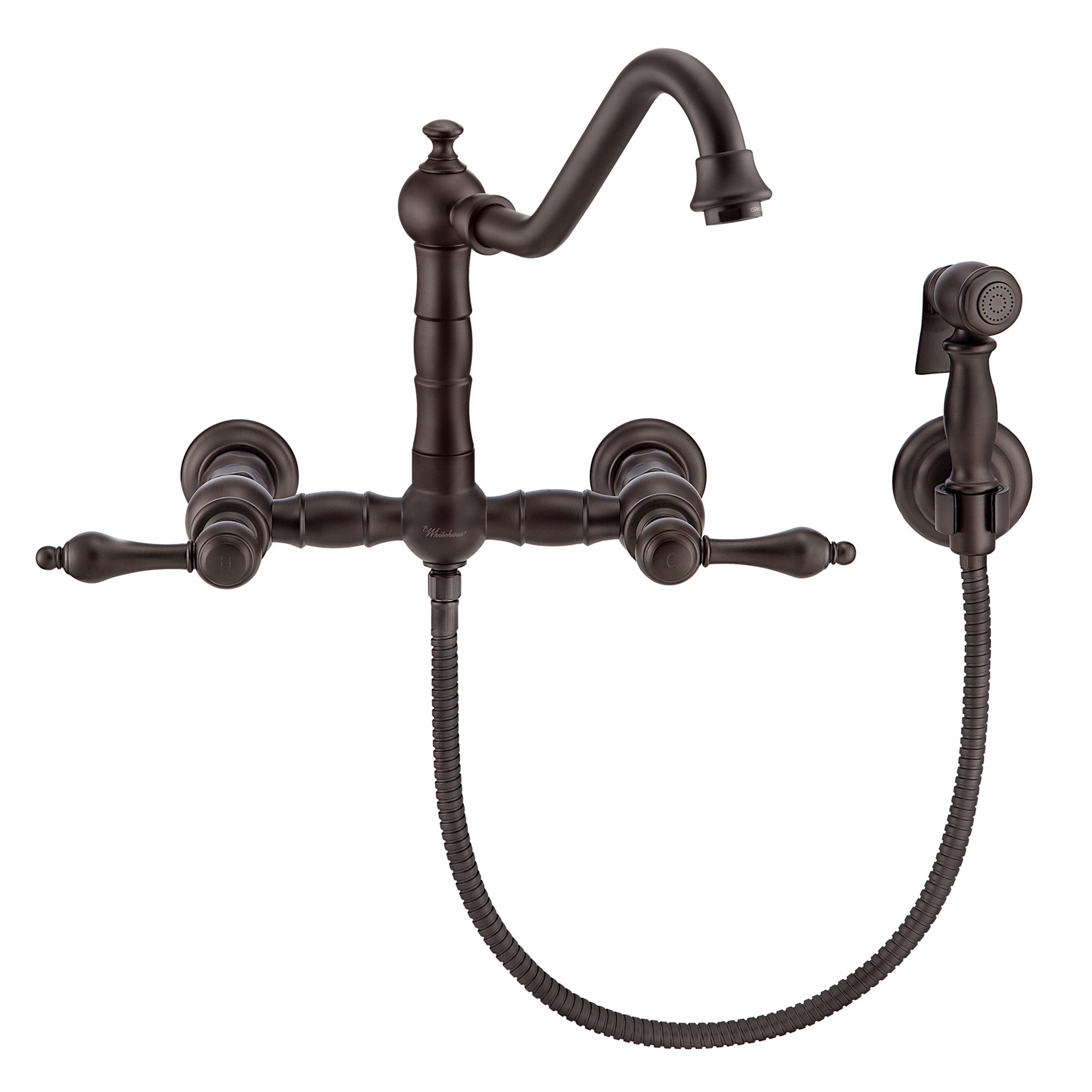 Wall Mount Faucet with a  Long Traditional Swivel Spout, Lever Handles and Solid Brass Side Spray