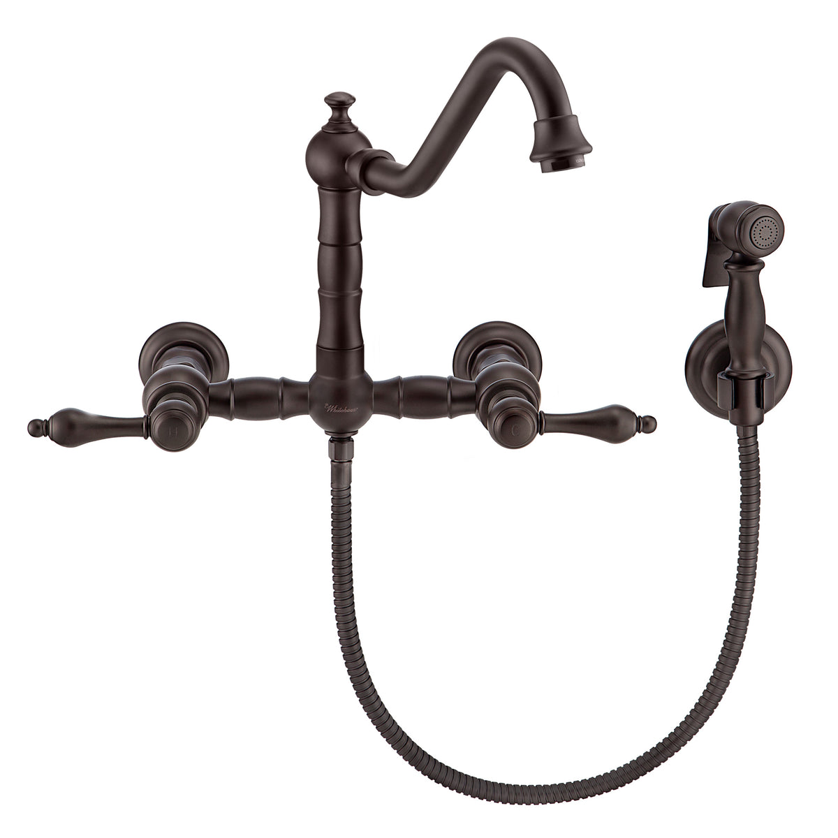 Wall Mount Faucet with a  Long Traditional Swivel Spout, Lever Handles and Solid Brass Side Spray
