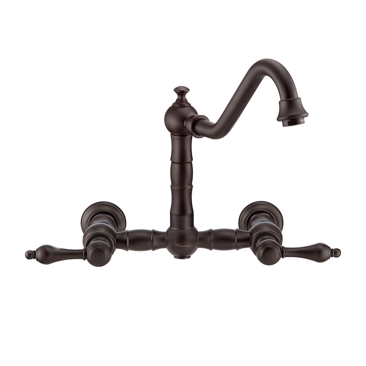 Wall Mount Faucet with a  Long Traditional Swivel Spout, Lever Handles and Solid Brass Side Spray