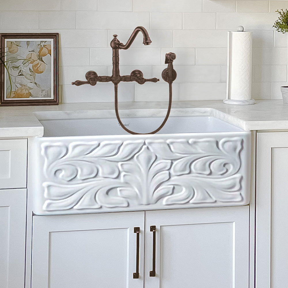 Wall Mount Faucet with a  Long Traditional Swivel Spout, Lever Handles and Solid Brass Side Spray