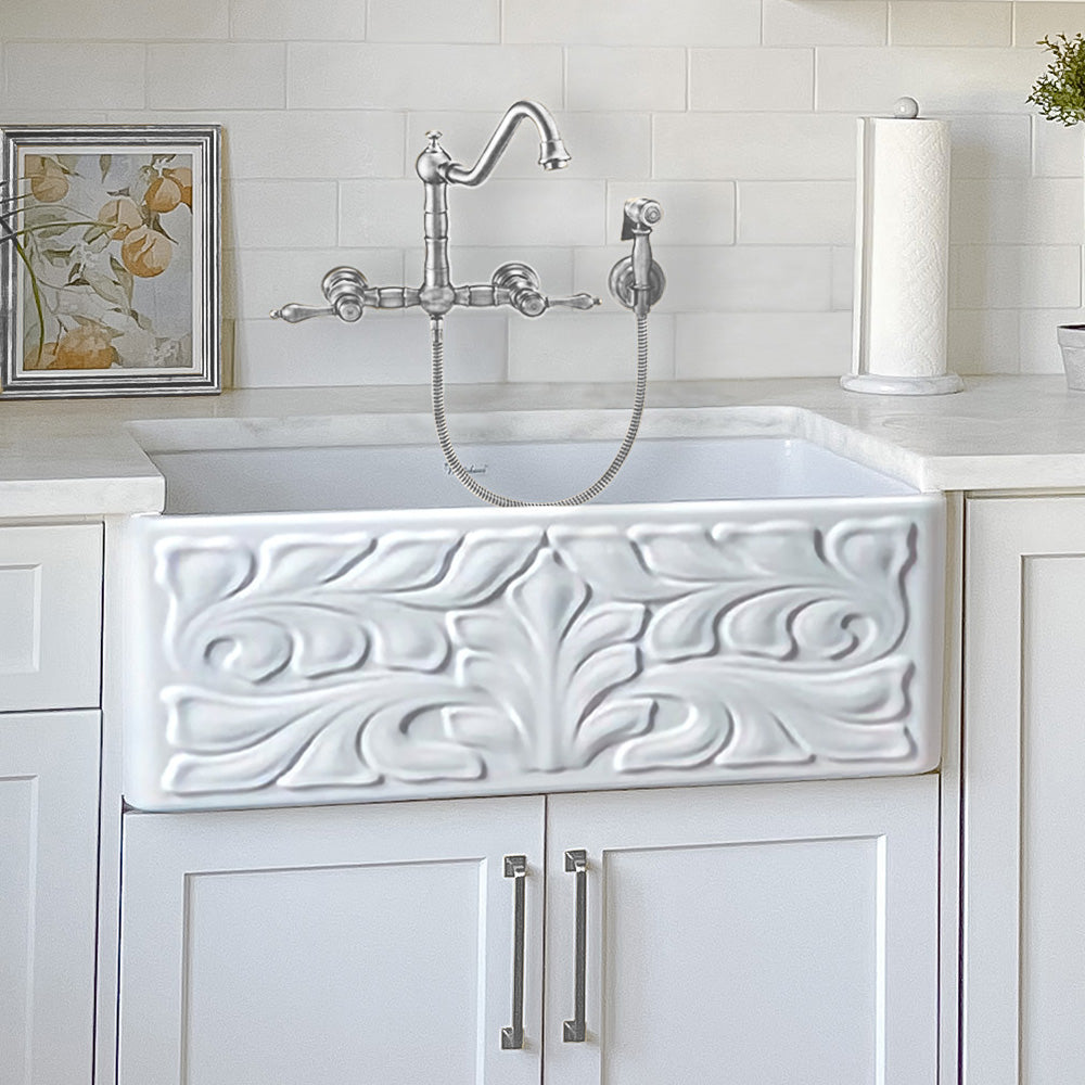 Wall Mount Faucet with a  Long Traditional Swivel Spout, Lever Handles and Solid Brass Side Spray