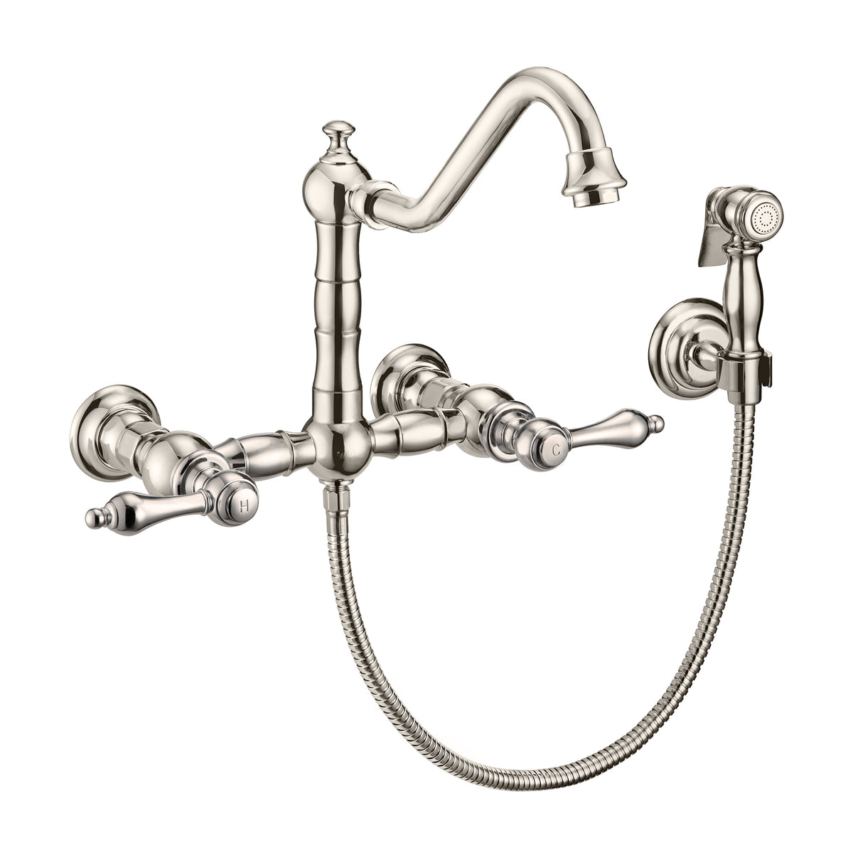 Wall Mount Faucet with a  Long Traditional Swivel Spout, Lever Handles and Solid Brass Side Spray