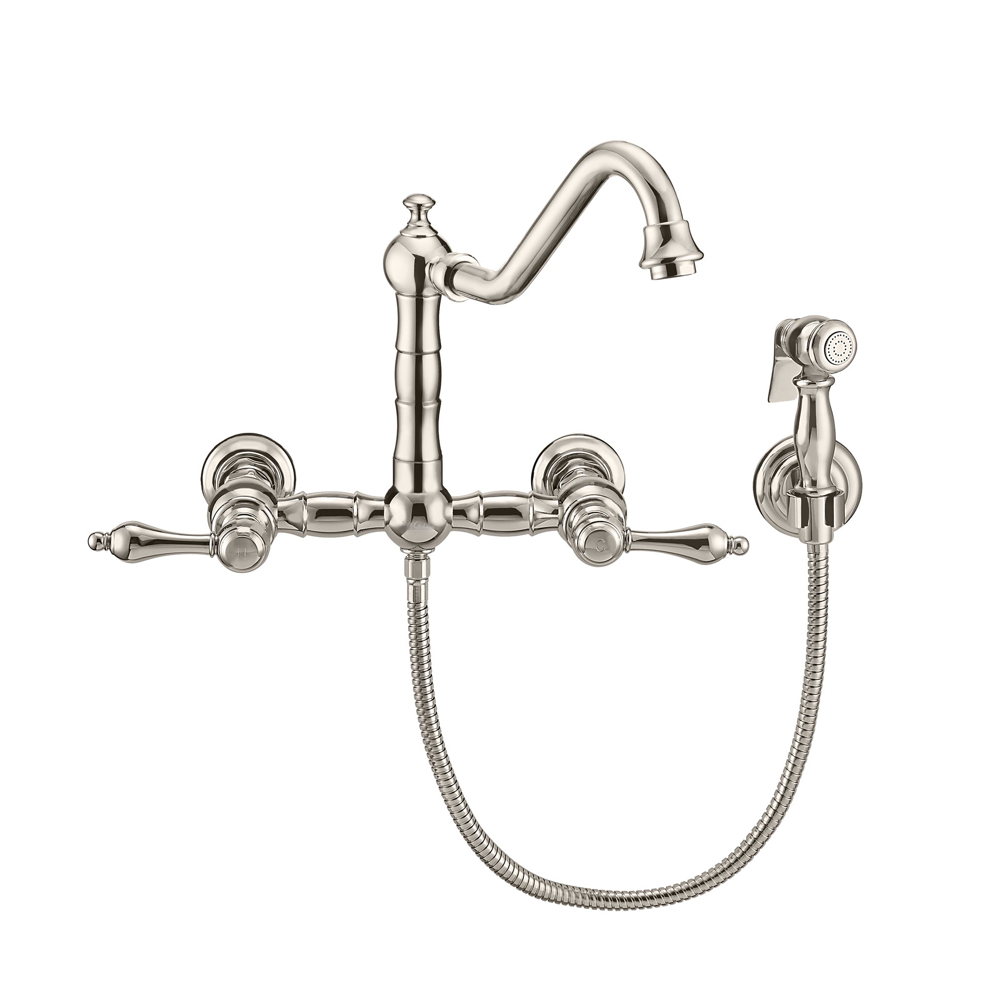 Wall Mount Faucet with a  Long Traditional Swivel Spout, Lever Handles and Solid Brass Side Spray