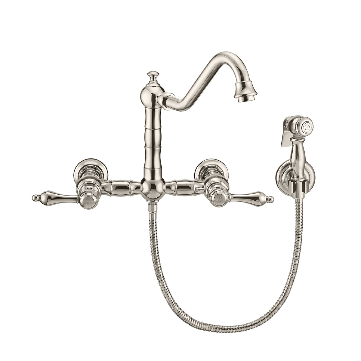 Wall Mount Faucet with a  Long Traditional Swivel Spout, Lever Handles and Solid Brass Side Spray