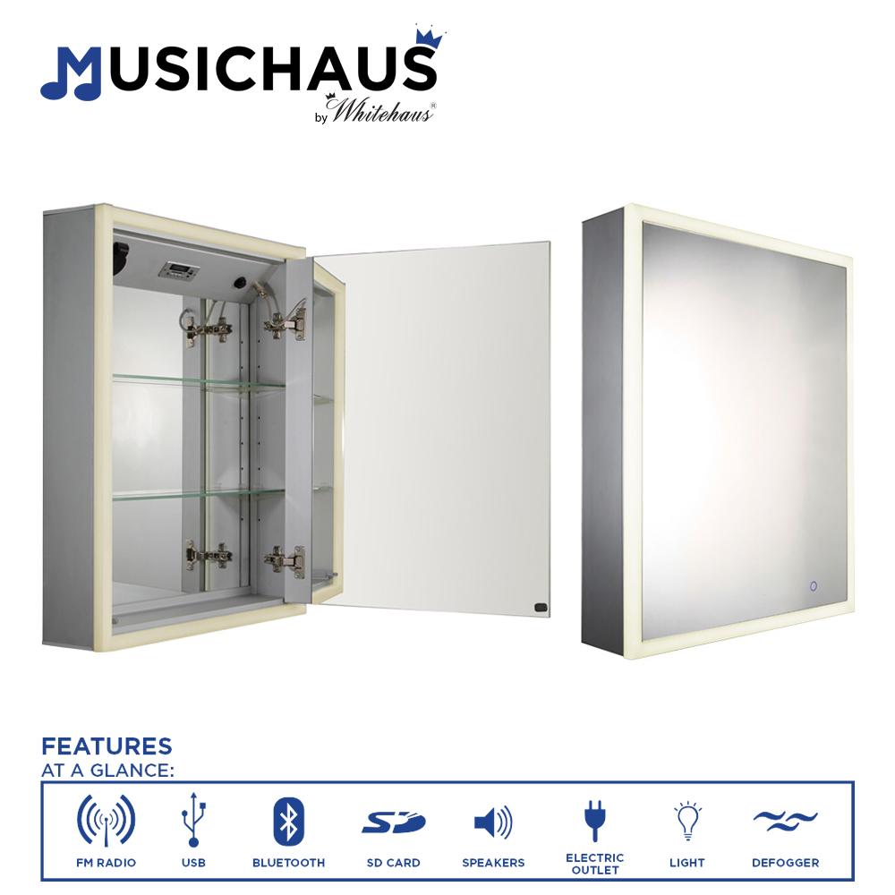 Musichaus Single Mirrored Door Medicine Cabinet with USB, SD Card, Bluetooth, FM radio, Speakers, Defogger, & Dimmer