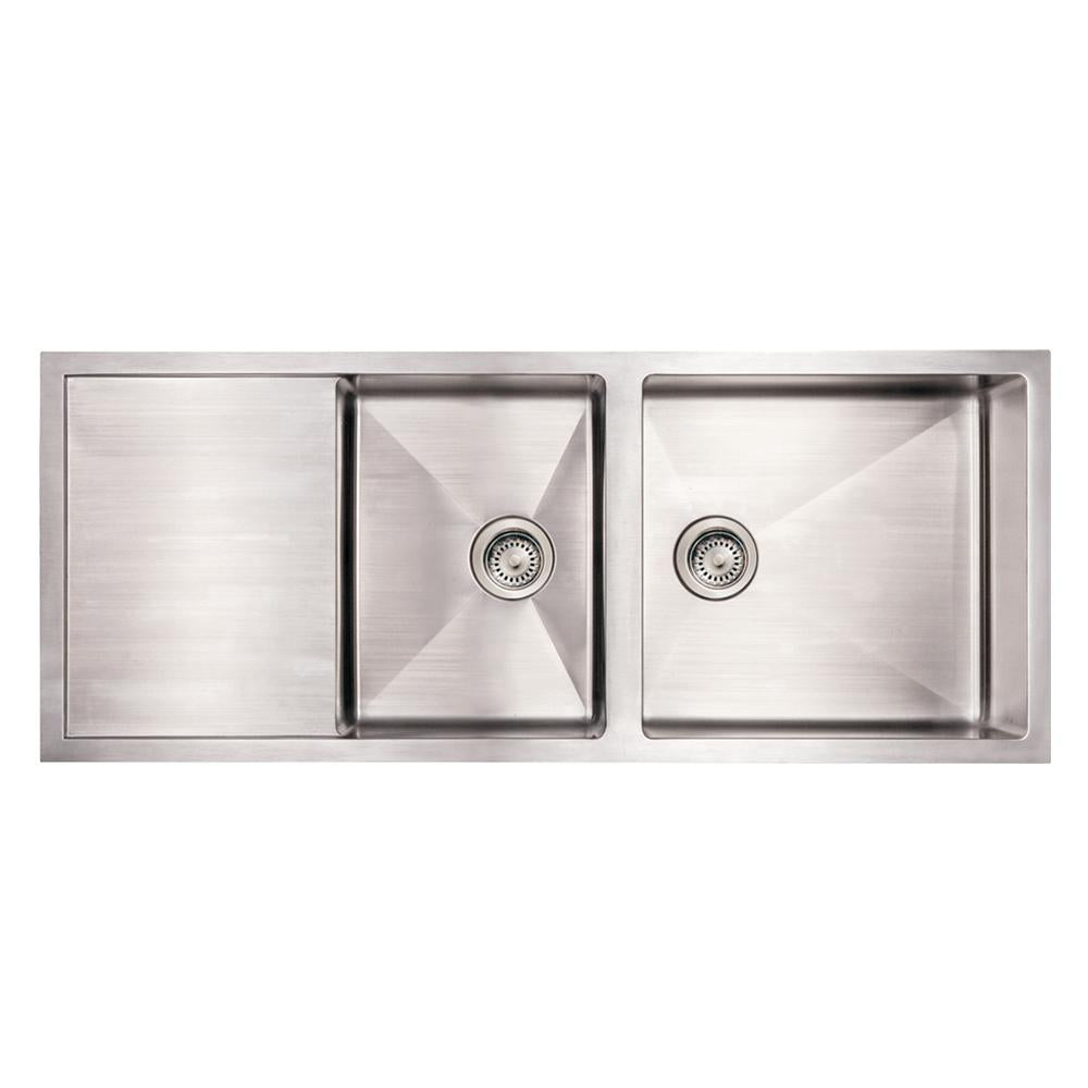 51" Noah's Collection brushed stainless steel commercial double bowl reversible undermount sink with an integral drain board
