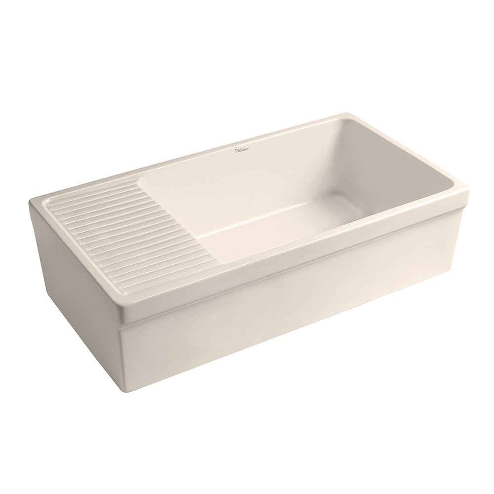 36" large reversible single bowl fireclay kitchen sink: integral drain board, 2½” lip front apron