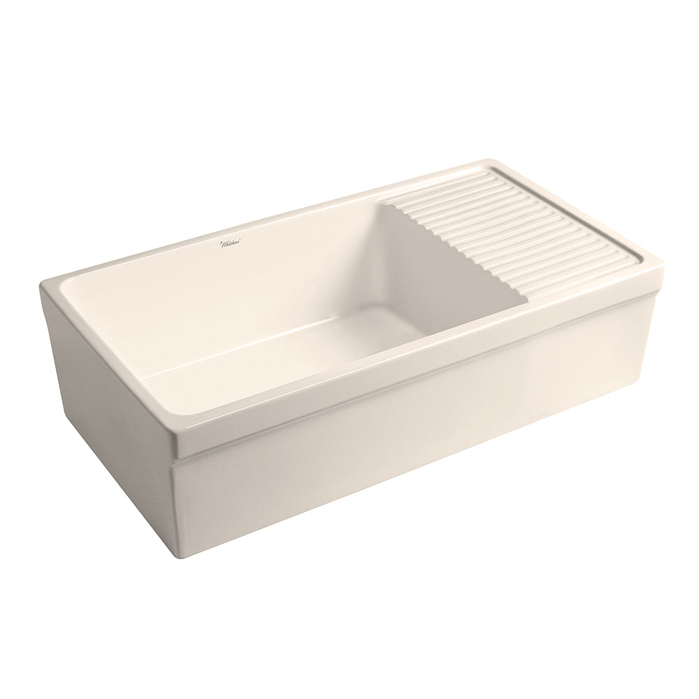36" large reversible single bowl fireclay kitchen sink: integral drain board, 2½” lip front apron