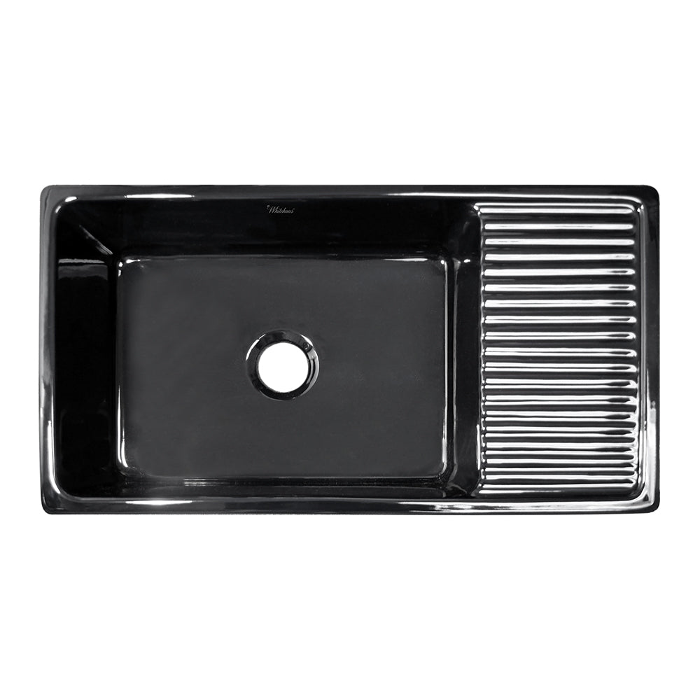 36" large reversible single bowl fireclay kitchen sink: integral drain board, 2½” lip front apron