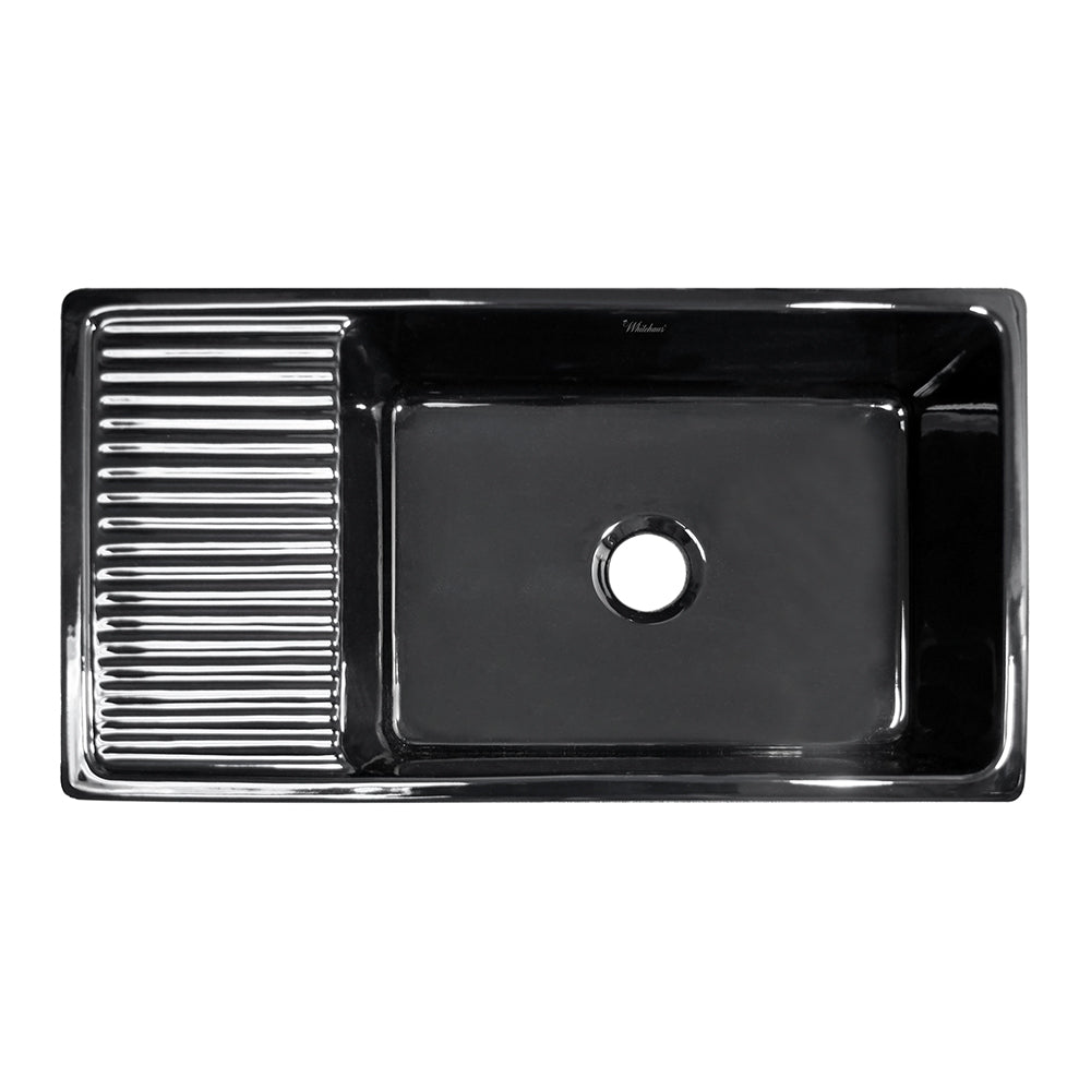 36" large reversible single bowl fireclay kitchen sink: integral drain board, 2½” lip front apron