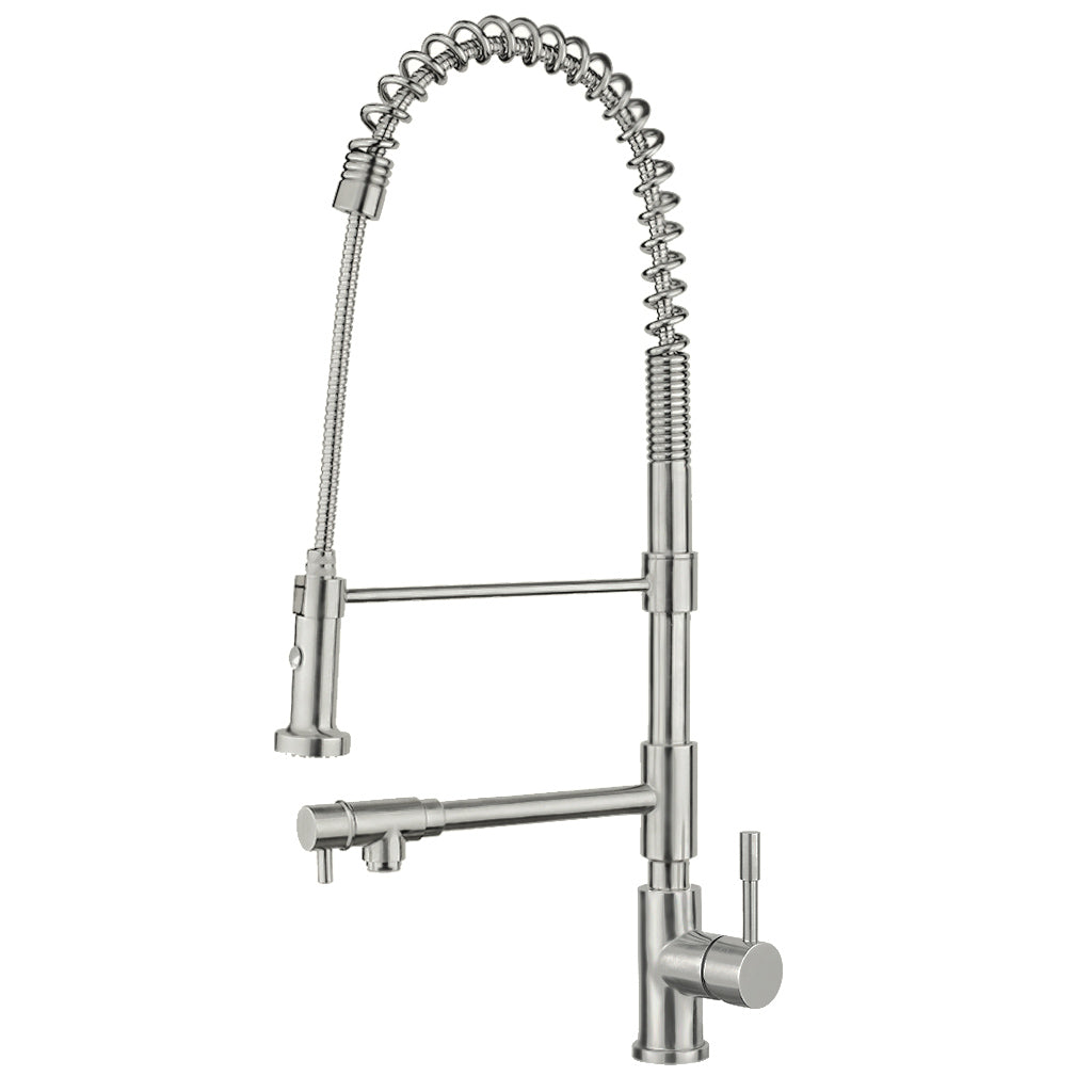 Lead Free, Solid Stainless Steel Commercial Faucet with Flexible Pull Out Spray Head, Swivel Support Bar & Two Control Levers