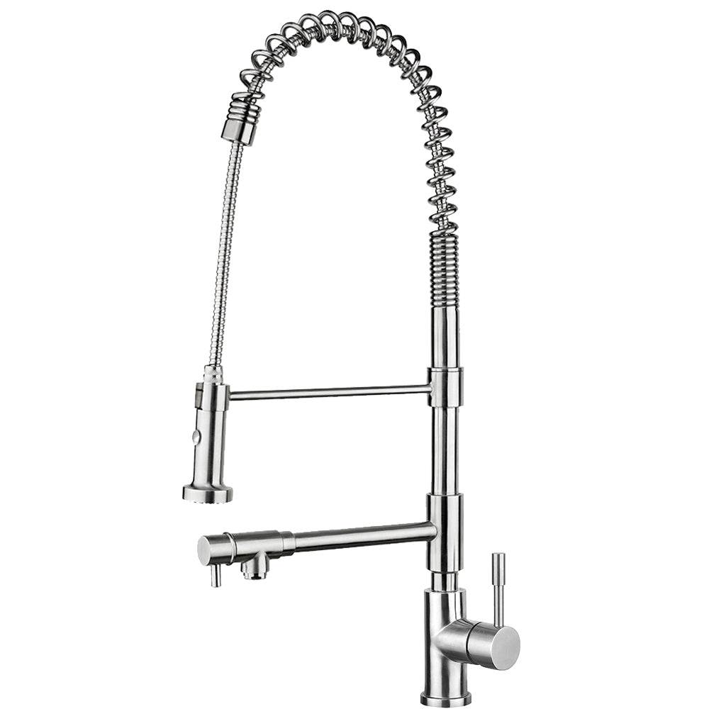 Lead Free, Solid Stainless Steel Commercial Faucet with Flexible Pull Out Spray Head, Swivel Support Bar & Two Control Levers