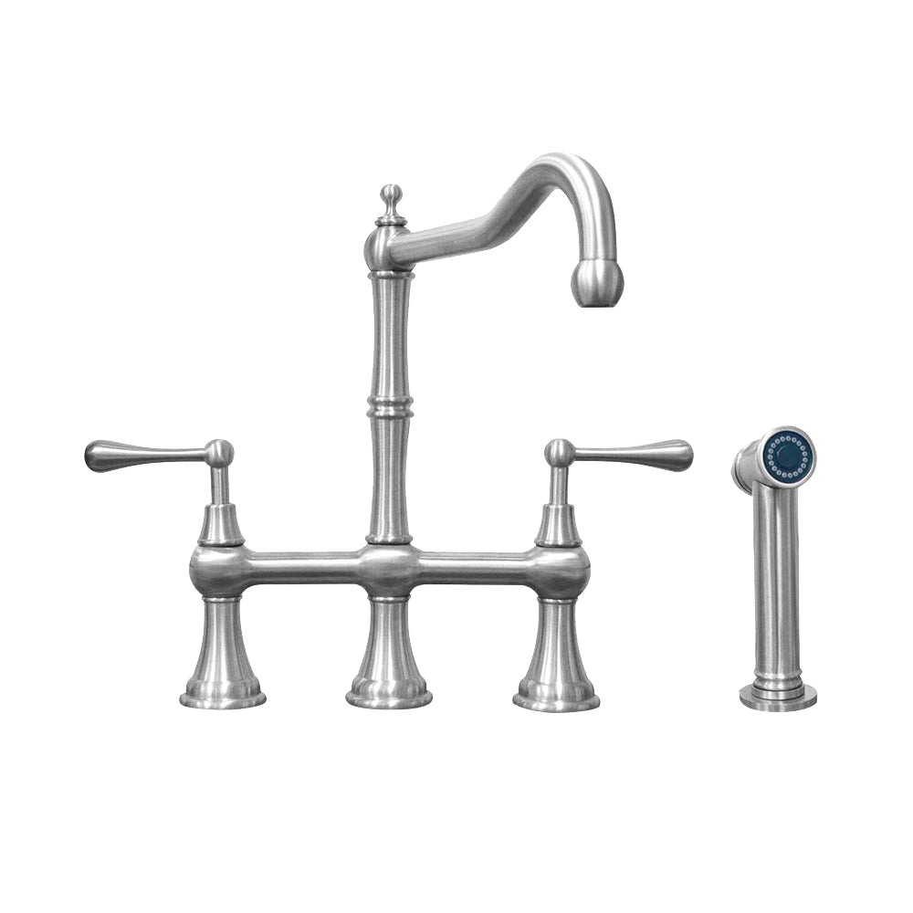 Lead-Free Solid Stainless Steel Bridge Faucet with a Long Traditional Spout, Lever Handles and Side Spray
