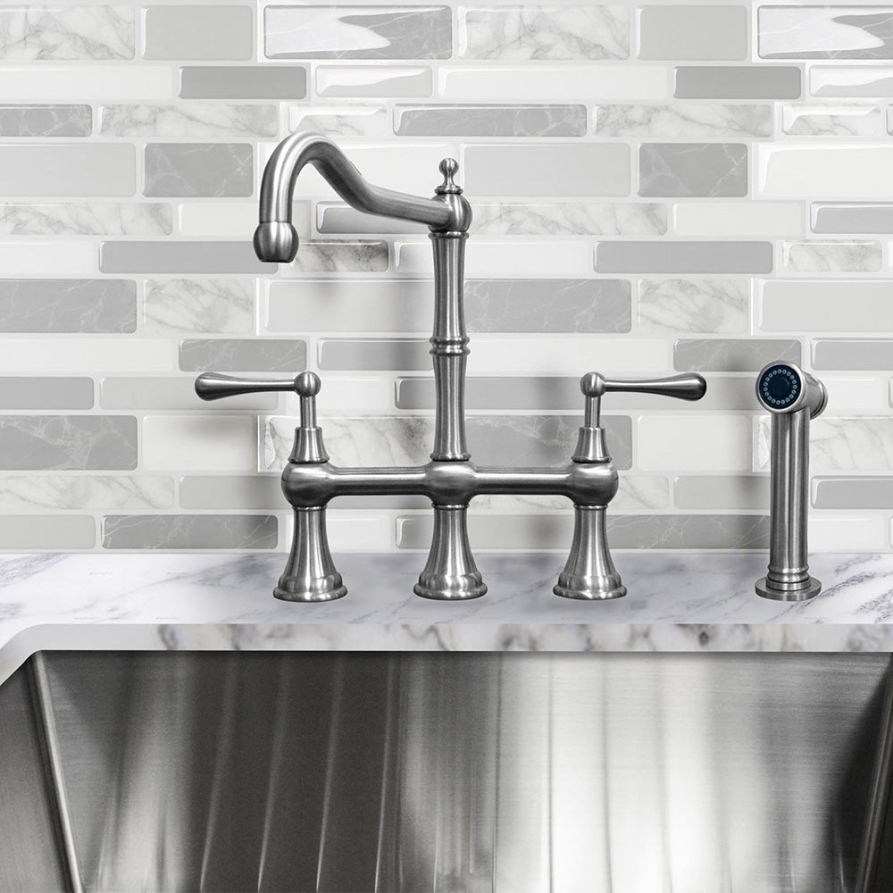 Lead-Free Solid Stainless Steel Bridge Faucet with a Long Traditional Spout, Lever Handles and Side Spray