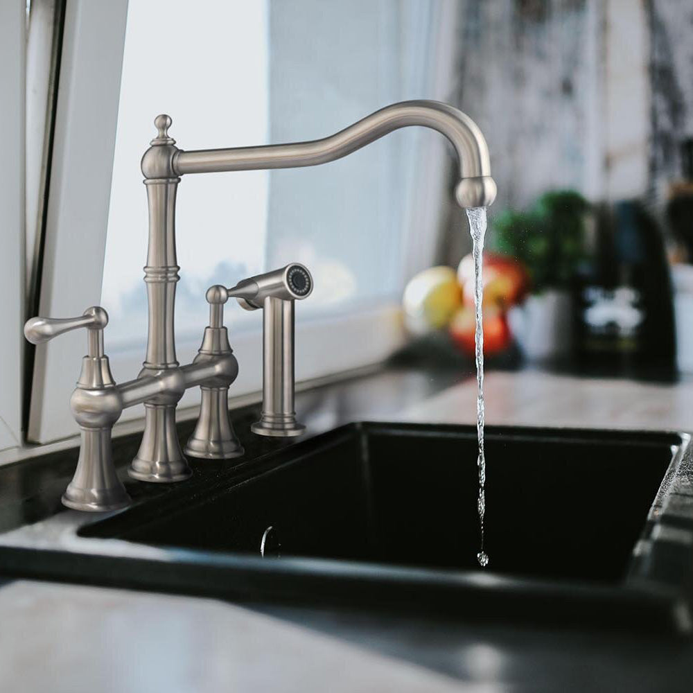 Lead-Free Solid Stainless Steel Bridge Faucet with a Long Traditional Spout, Lever Handles and Side Spray