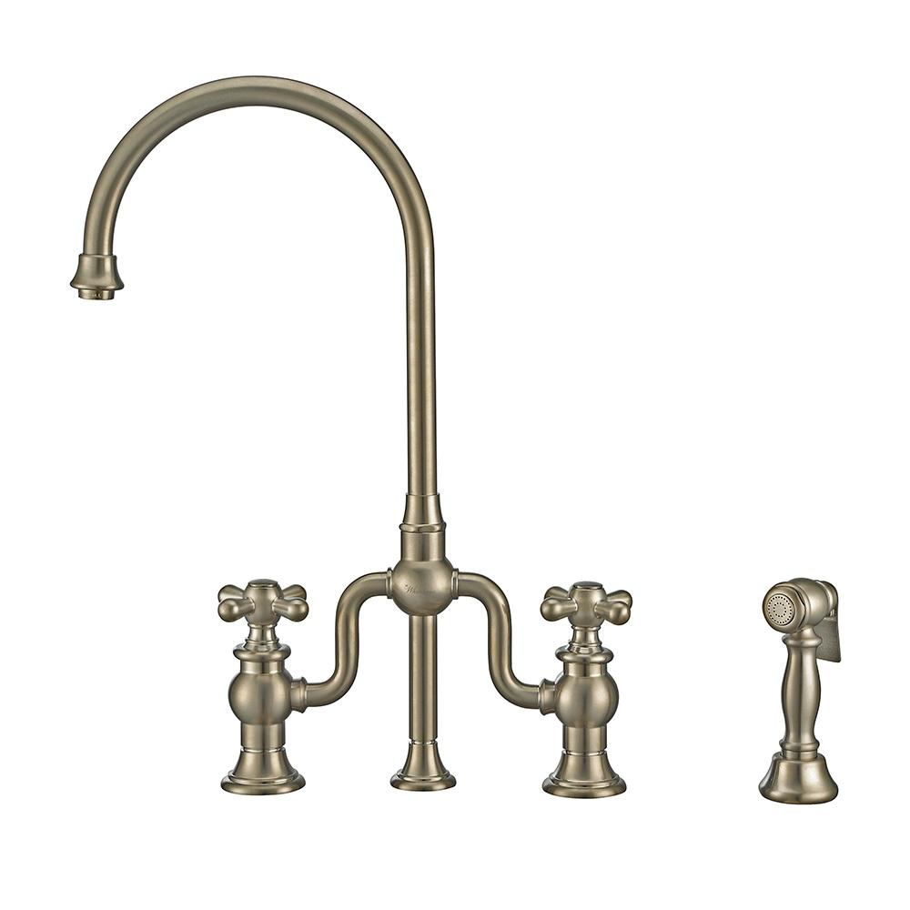 Bridge Faucet with Gooseneck Swivel Spout, Cross Handles and Solid Brass Side Spray