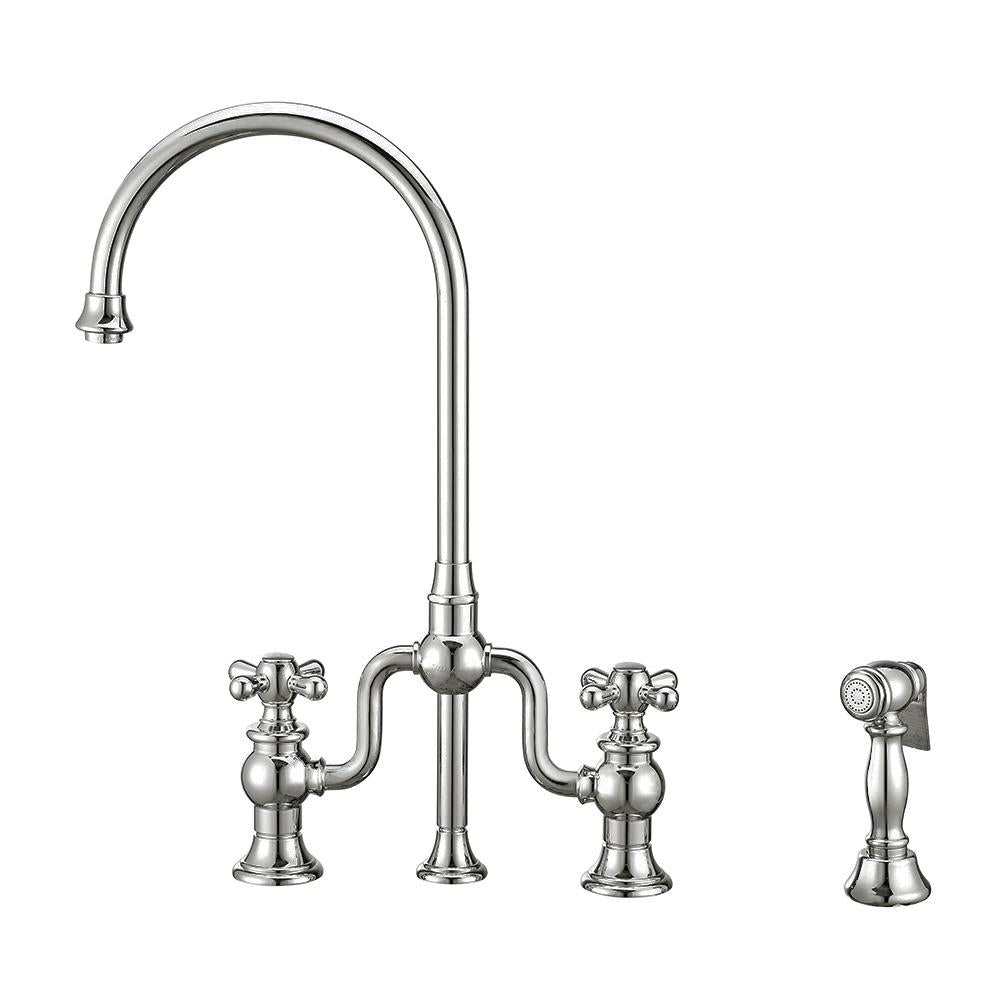 Bridge Faucet with Gooseneck Swivel Spout, Cross Handles and Solid Brass Side Spray