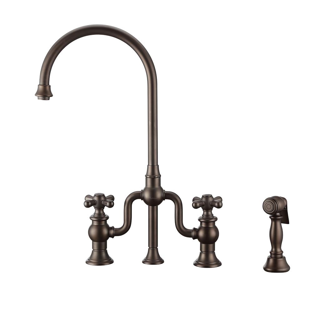 Bridge Faucet with Gooseneck Swivel Spout, Cross Handles and Solid Brass Side Spray