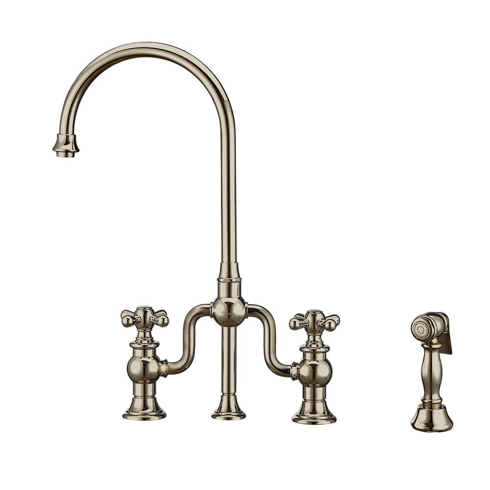 Bridge Faucet with Gooseneck Swivel Spout, Cross Handles and Solid Brass Side Spray
