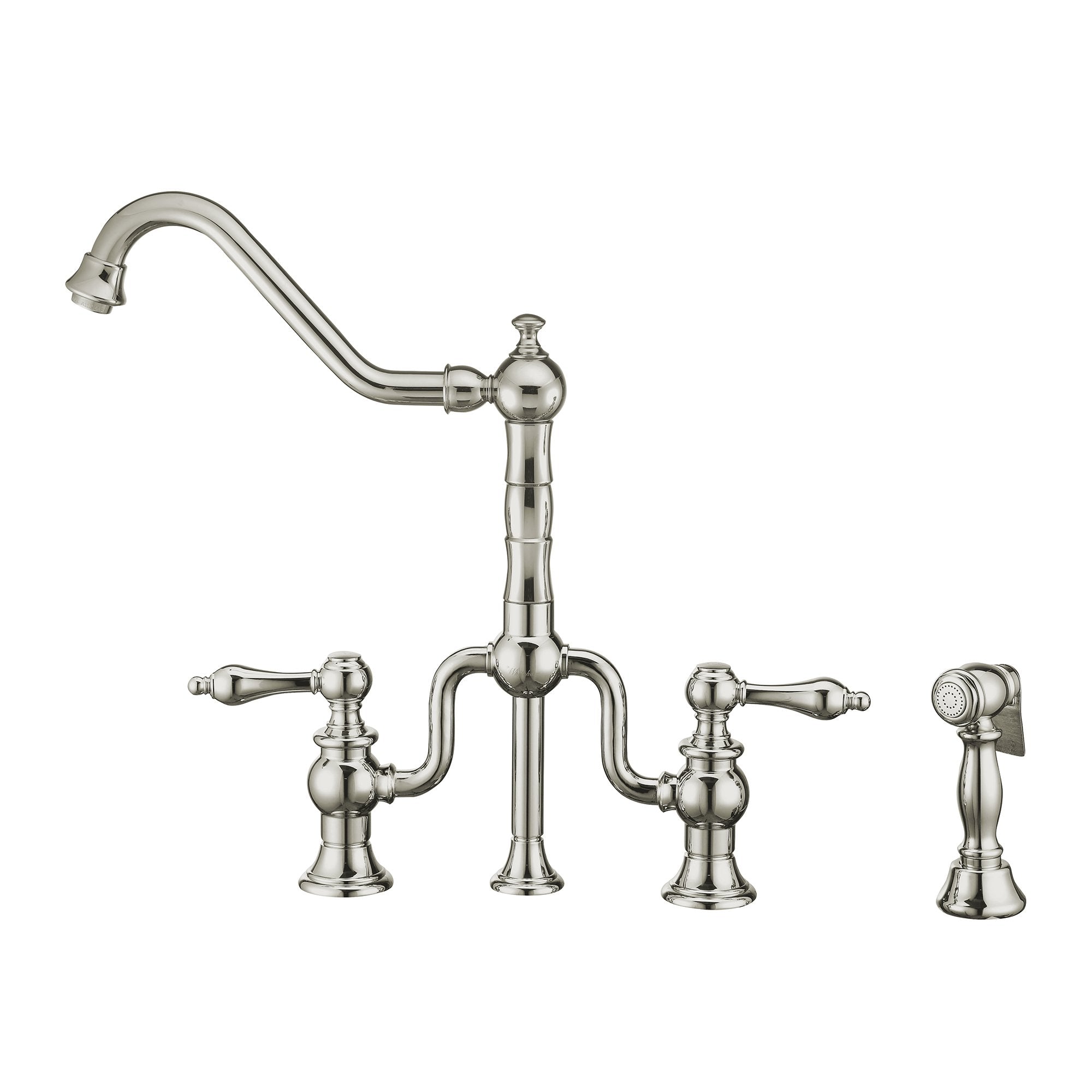 Bridge Faucet with Long Traditional Swivel Spout, Lever Handles and Solid Brass Side Spray