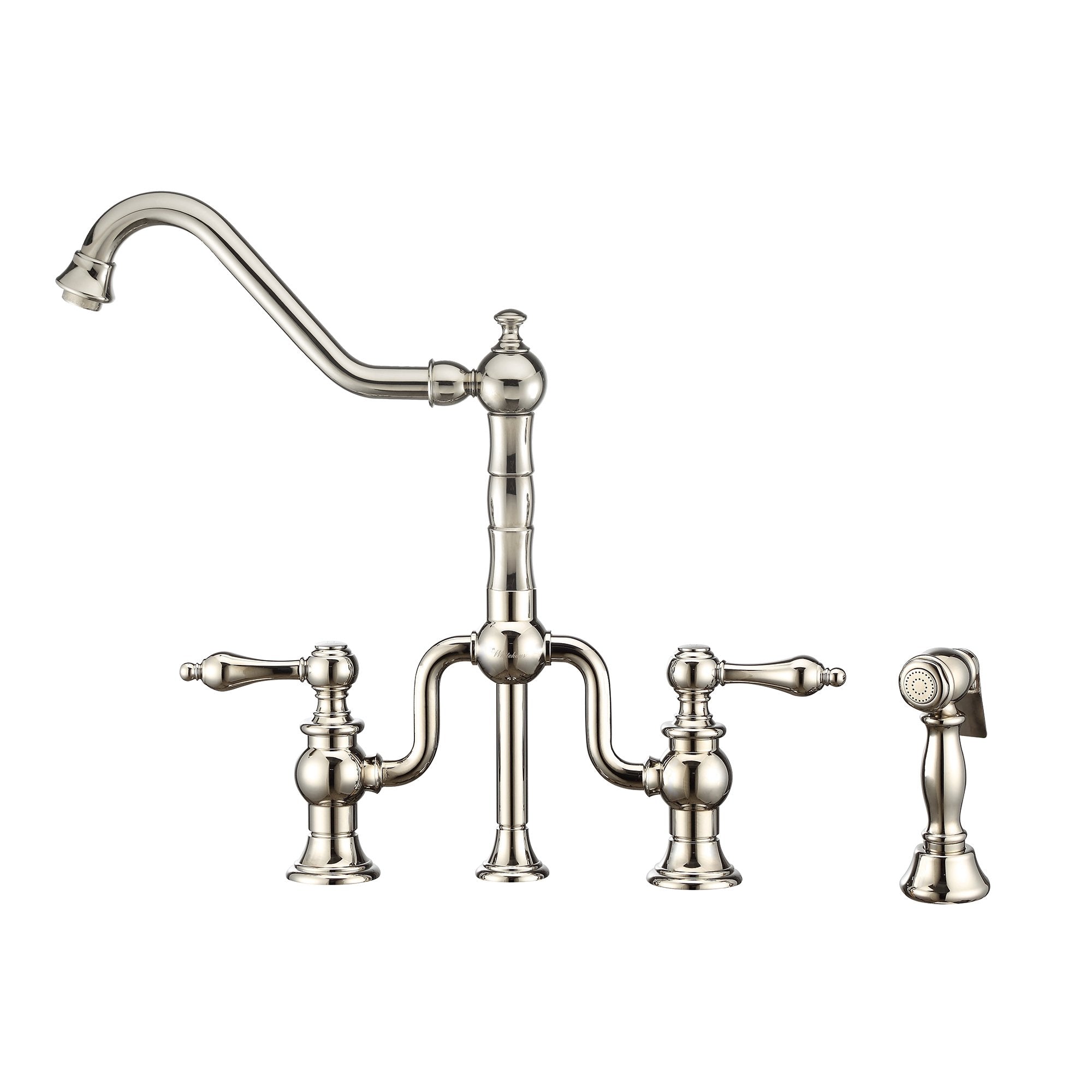 Bridge Faucet with Long Traditional Swivel Spout, Lever Handles and Solid Brass Side Spray