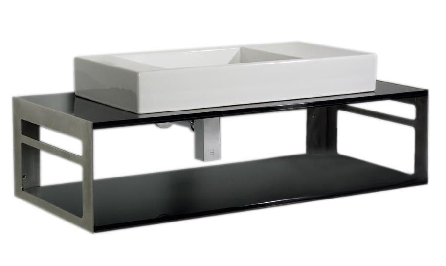 Aeri Laminated Black Counter Top and Shelf Unit with Integral Towel Rails and a Rectangular Above Mount White Porcelain Basin