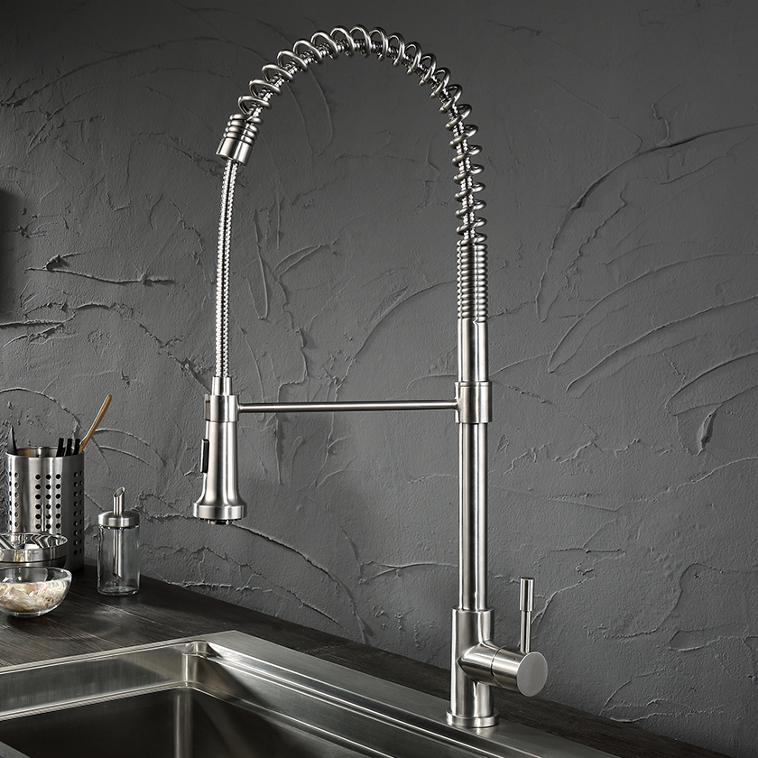 Lead Free, Solid Stainless Steel Commerical Single-Hole Faucet with Flexible Pull Down Spray Head, Swivel Spout Support Bar and Solid Lever Handle